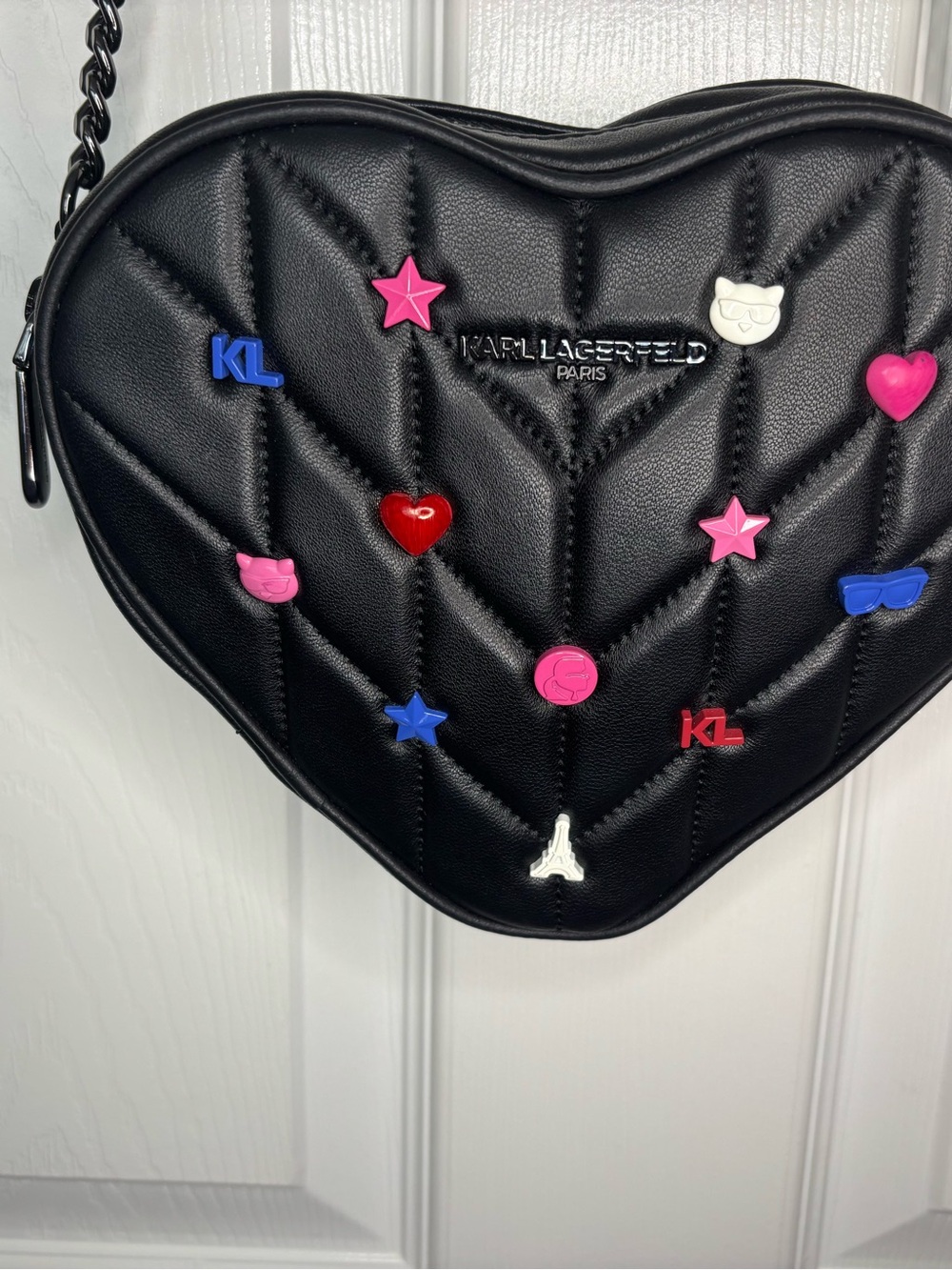 Karl Lagerfeld Black Heart Crossbody with Multicolor Star and Stud Details